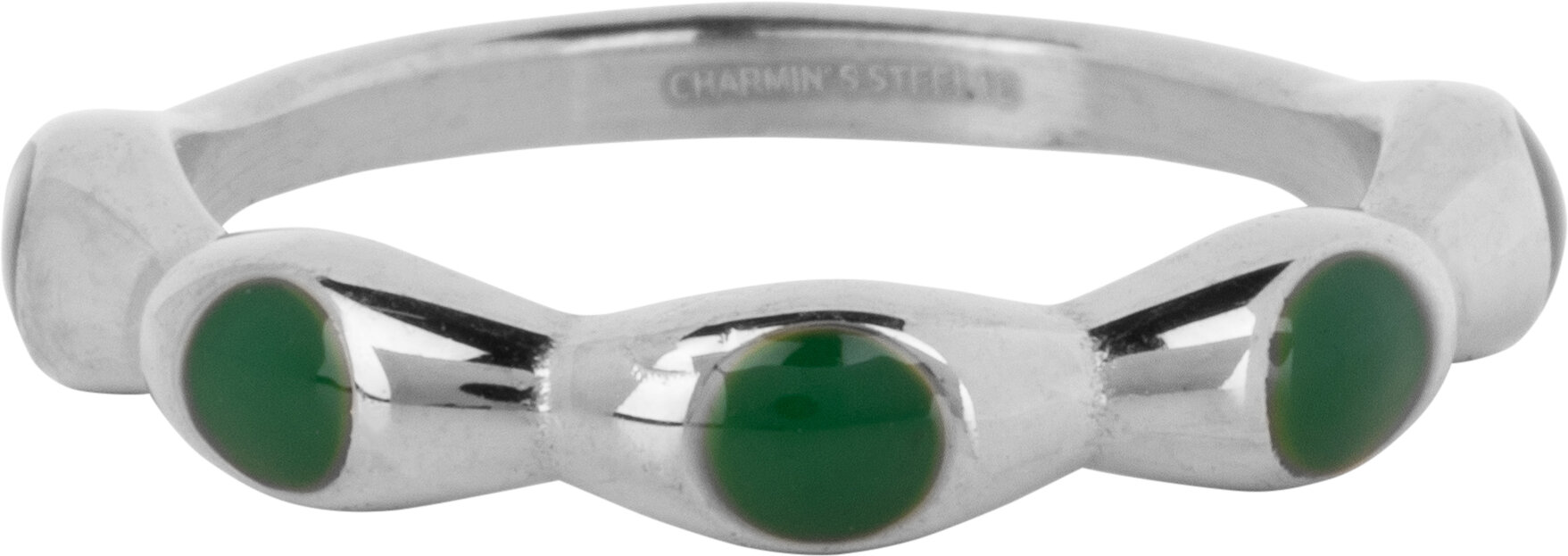 Charmin&#039;s Zilverkleurig Ring Met Donker Groene Ronde Emaille Bollen Staal R1497