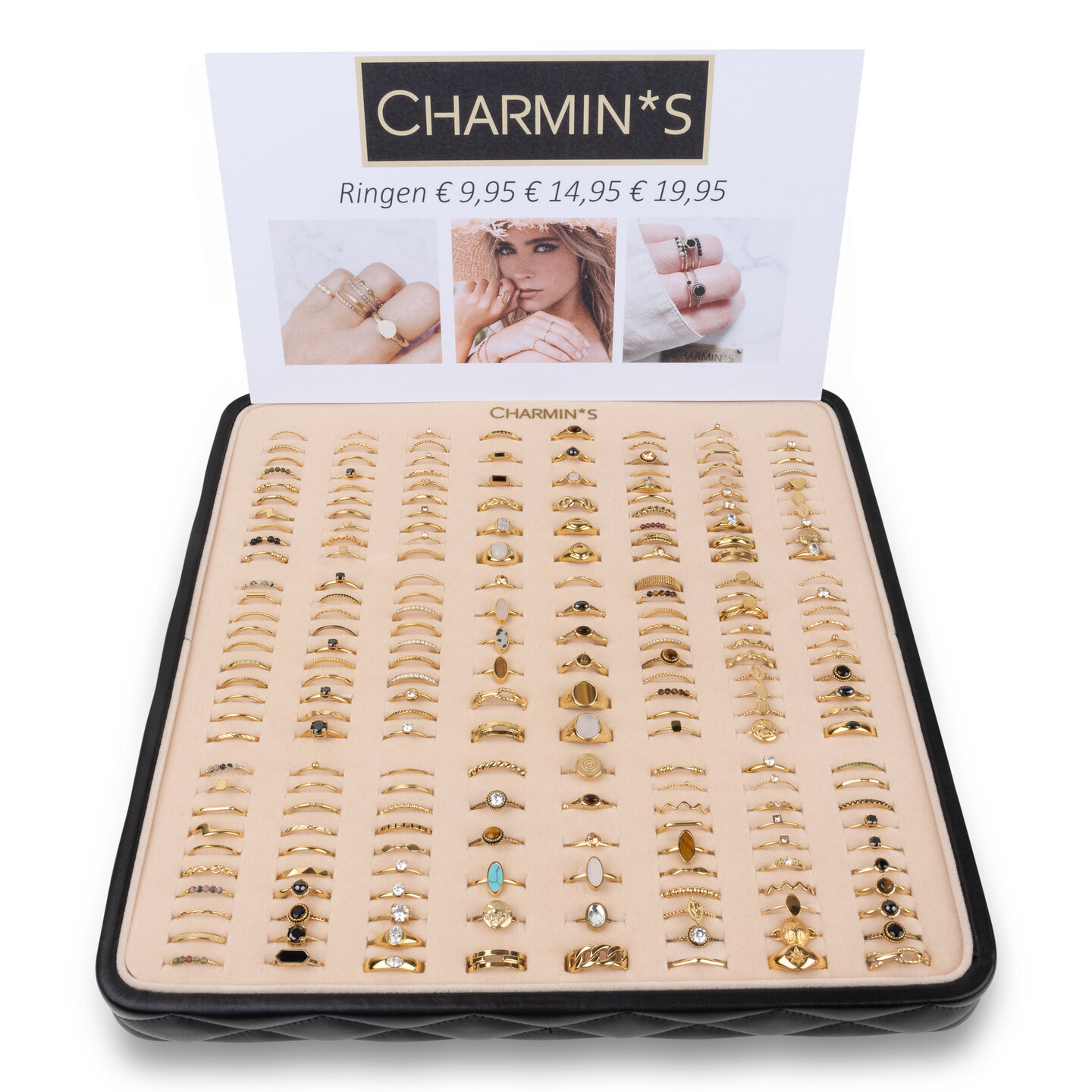 Charmin&rsquo;s Gestikte Zwarte Ringenbox Vegan-Leer Display &ndash; 5557