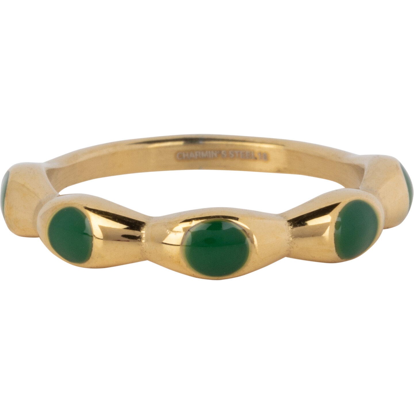 Charmin's Goudkleurig Ring Met Donker Groene Ronde Emaille Bollen Staal R1498