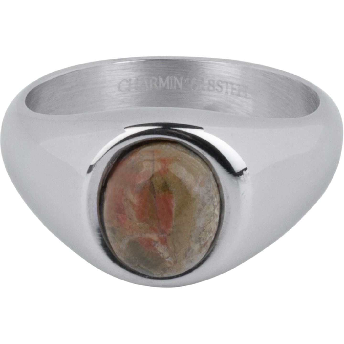 Charmin's Signet Ring with Oval Green-pink Unakite Gemstone Steel R1270