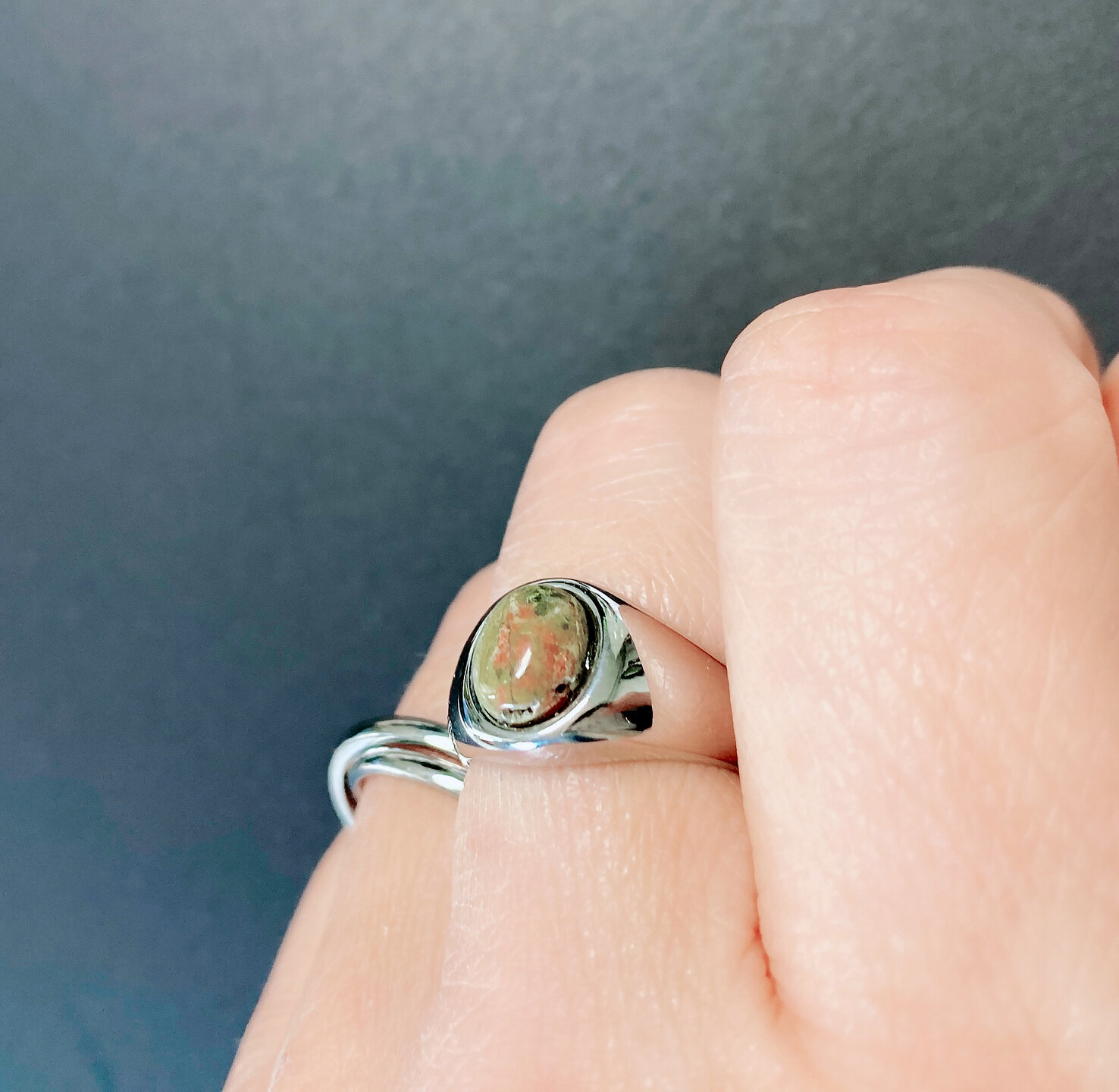 Charmin's Signet Ring with Oval Green-pink Unakite Gemstone Steel R1270