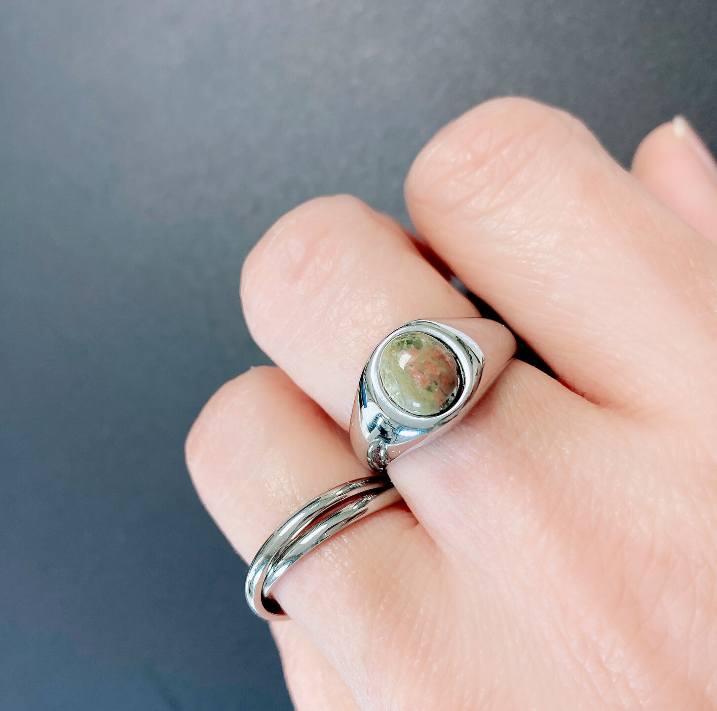 Charmin's Signet Ring with Oval Green-pink Unakite Gemstone Steel R1270
