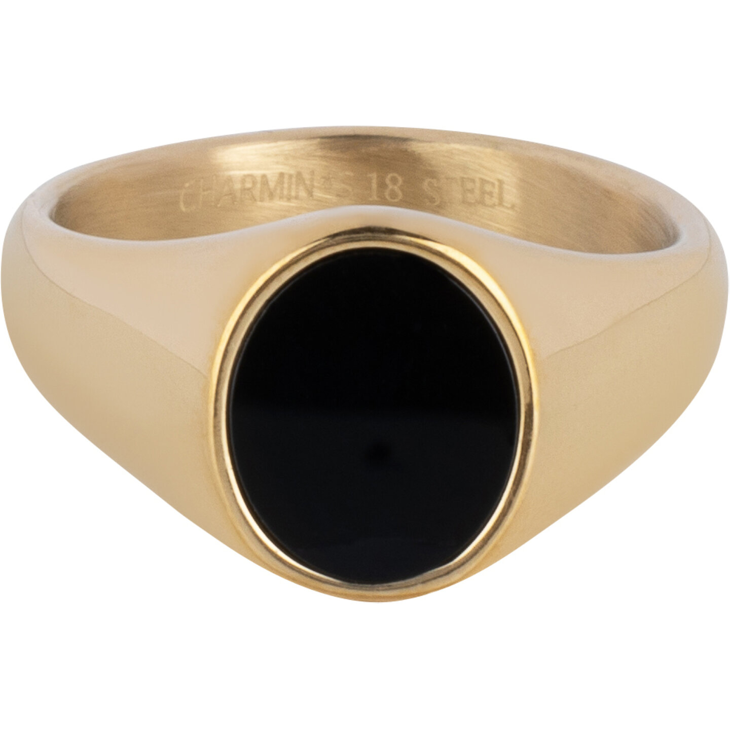 Charmin's Zegelring met Platte Ovale Zwarte Onyx Edelsteen Goudkleurig R1480