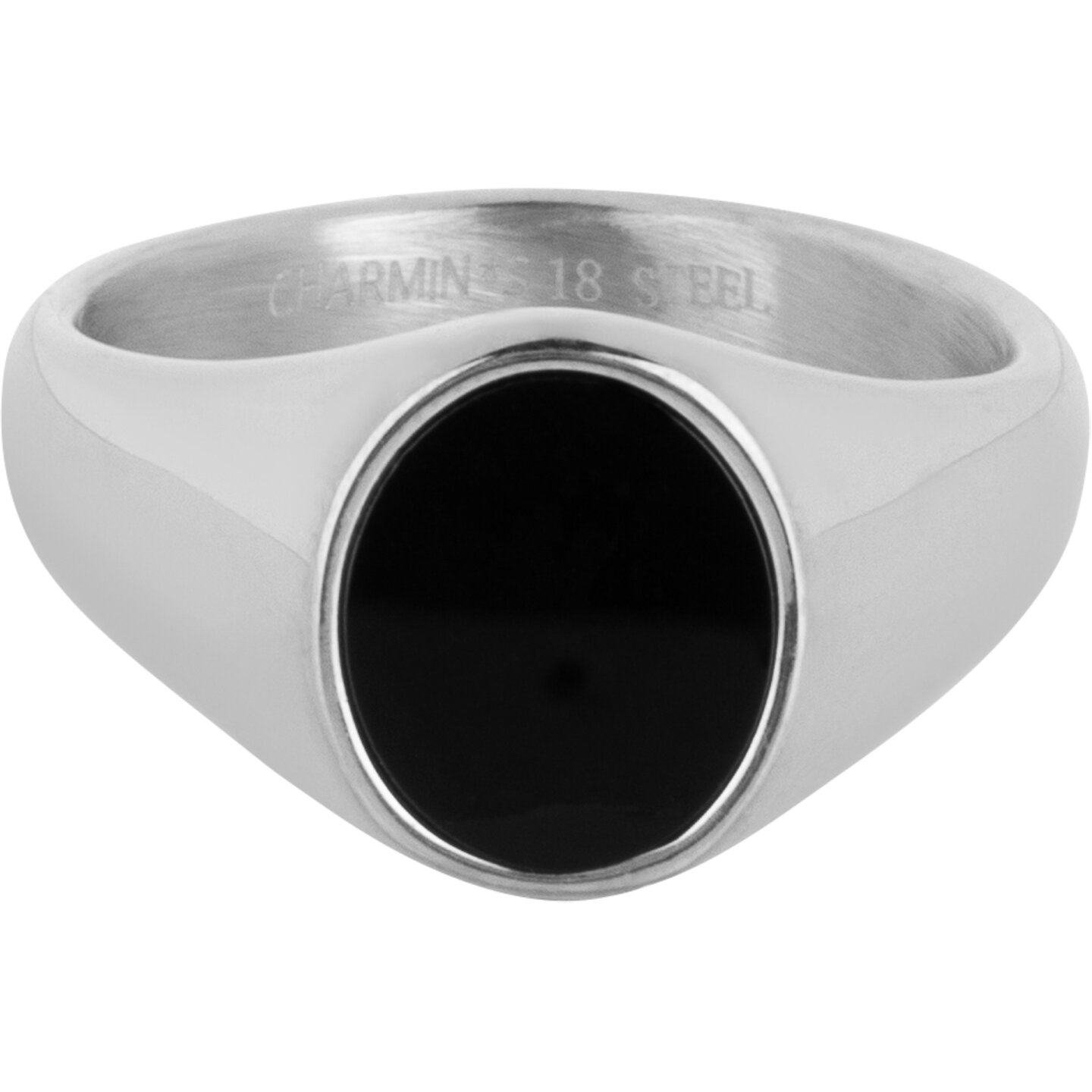 Charmin's Zegelring met Platte Ovale Zwarte Onyx Edelsteen Staal R1479