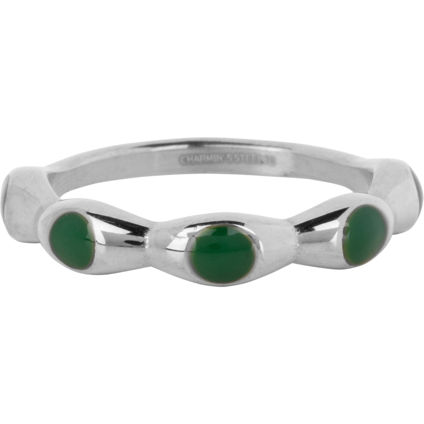 Charmin's Silver Ring with Dark Green Round Enamel Spheres Steel R1497