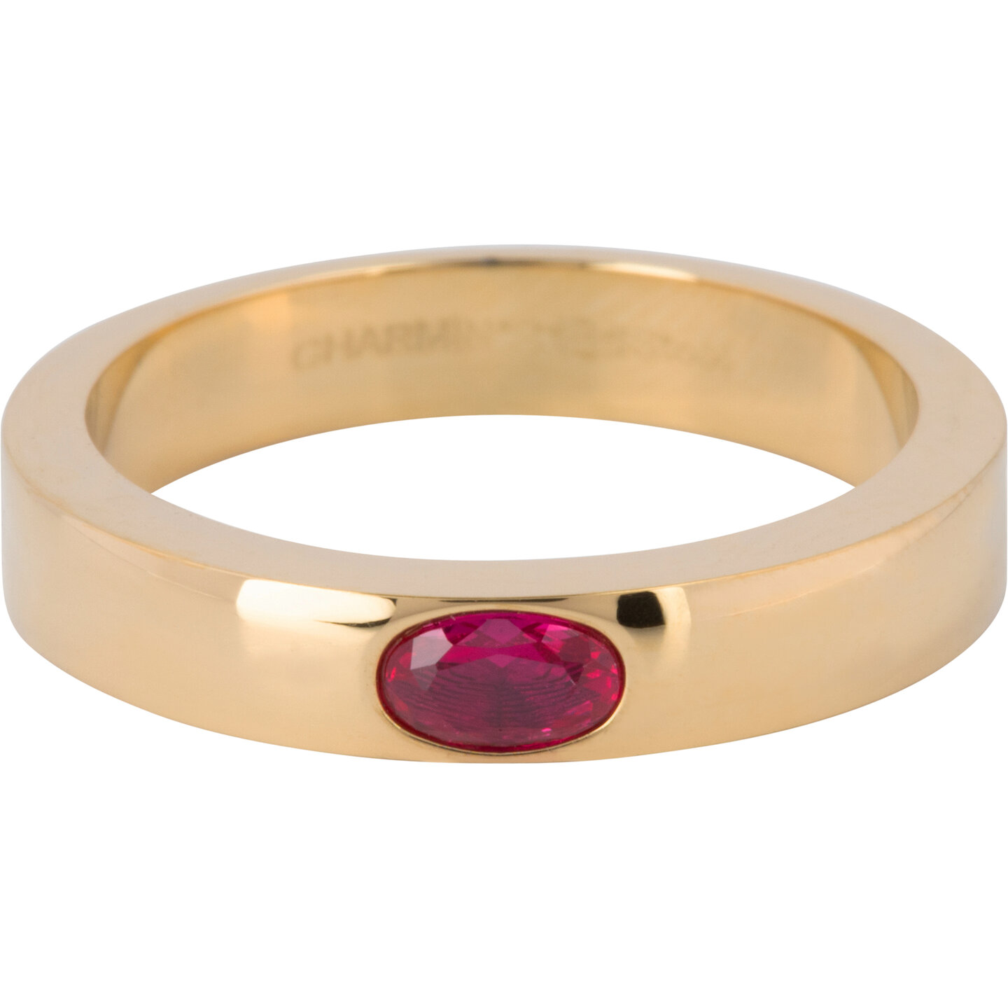 Bague Charmin's Large Bande Ovale Pierre Rouge Fuchsia Acier Dor&eacute; R1231