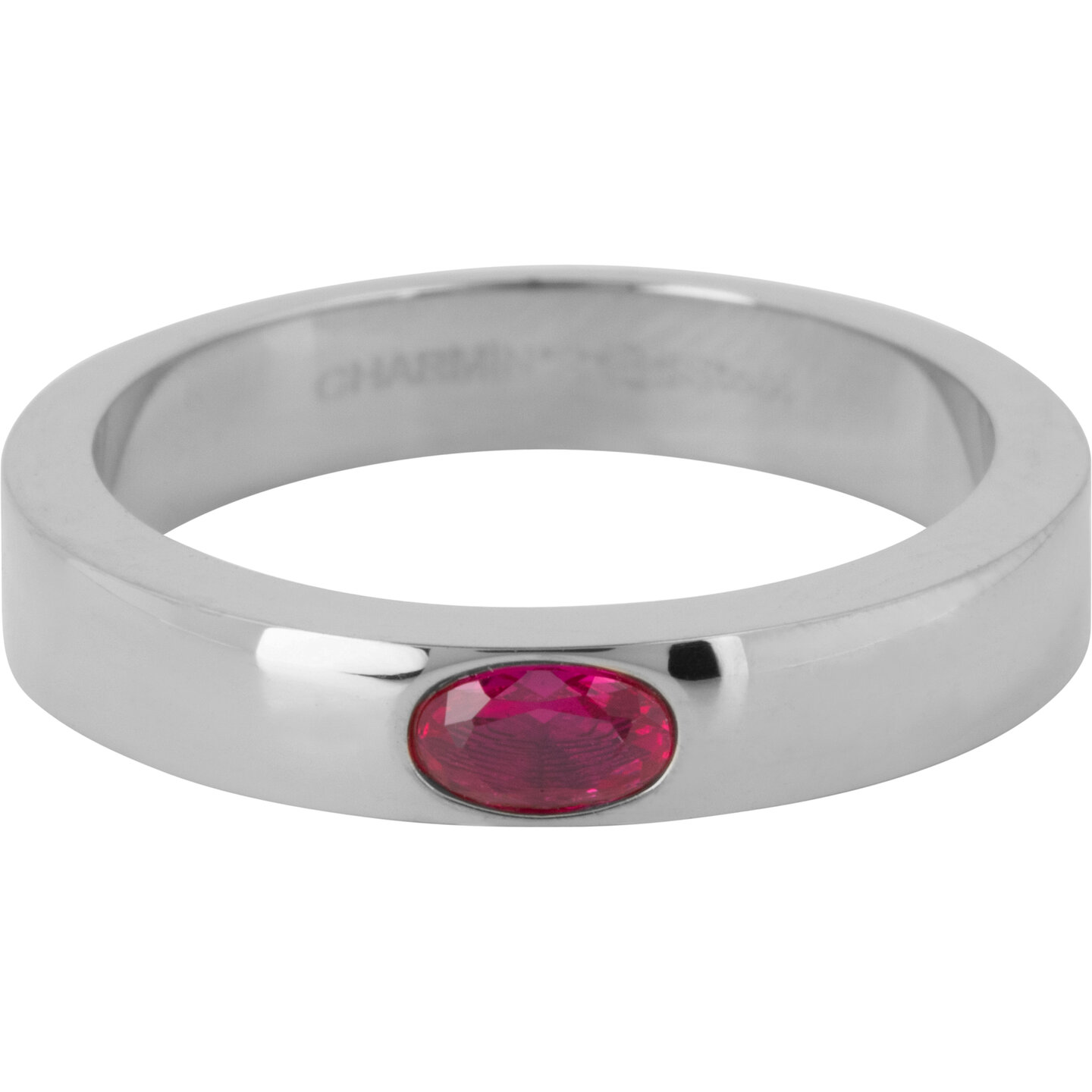 Charmin's Bague Large Bande Ovale Pierre Rouge Fuchsia Acier R1230