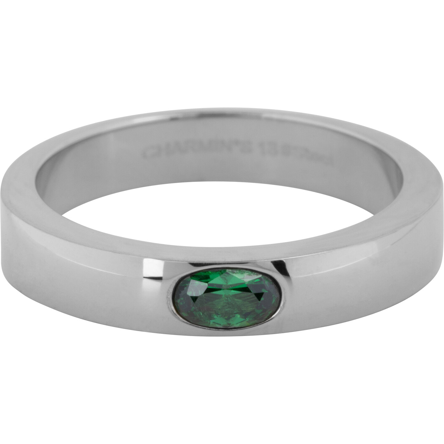 Charmin's Bague Large Bande Ovale Vert Fonc&eacute; Pierre Acier R1226