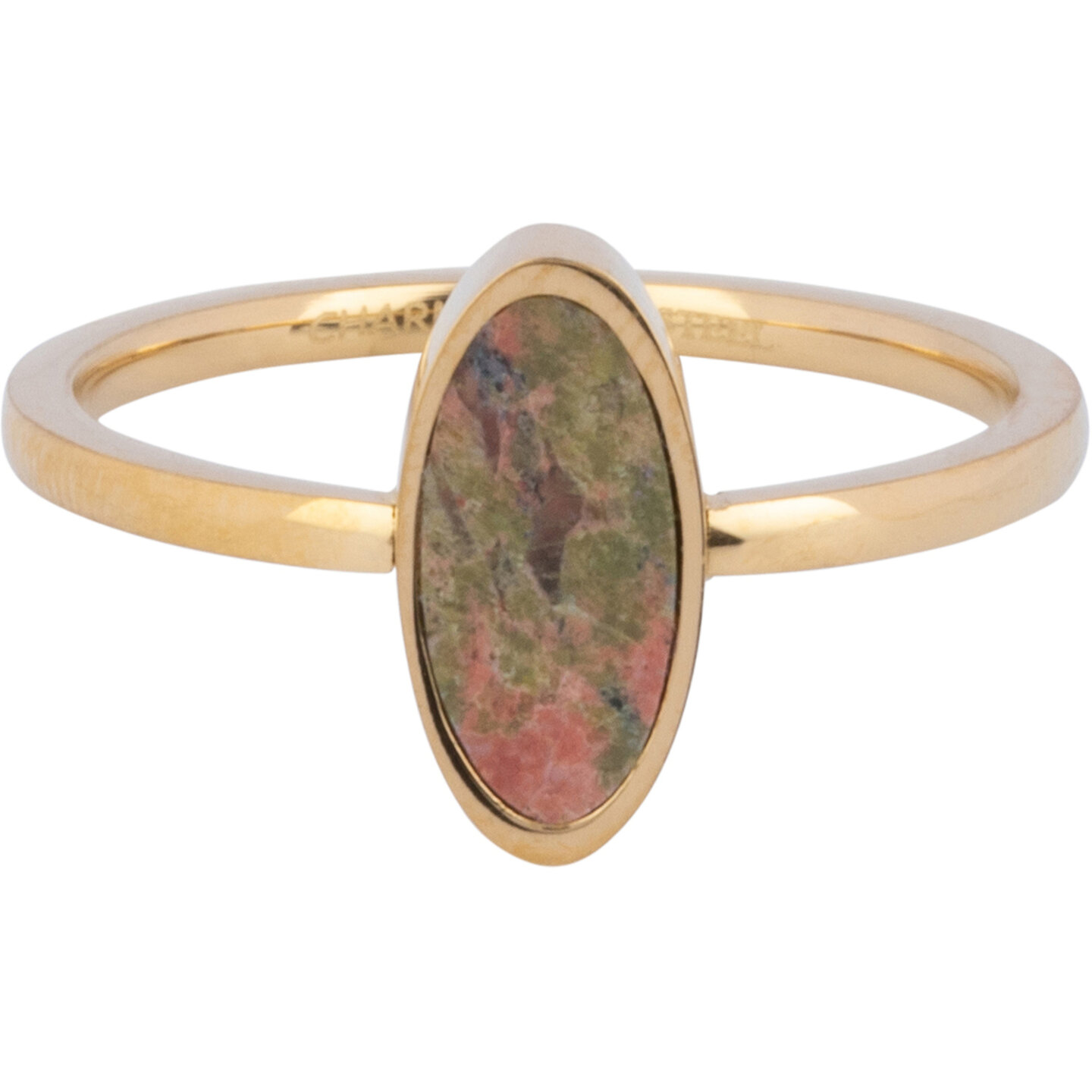 Charmin&#039;s Gold-Colored Oval Signet Ring with Jasper Rainforest Gemstone Steel R1209