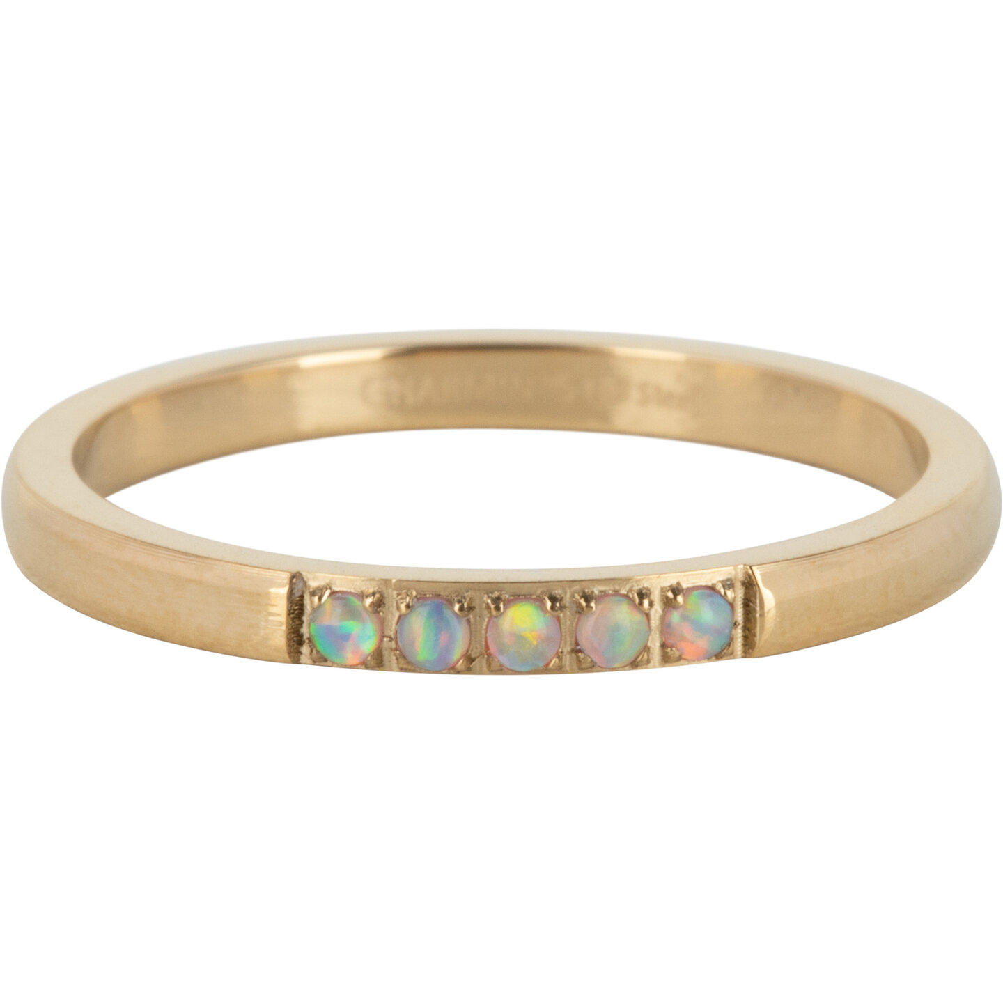 Charmin&rsquo;s Memoire Ring R1136 5 Steentjes Wit-Blauwige Opaal Goud