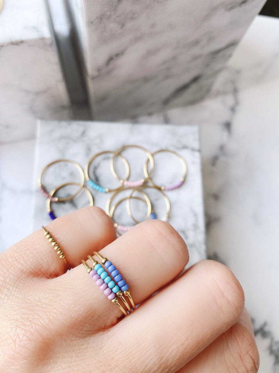 Anxiety Ring Palm Dark Blue Beads Goldplated R983/KR123 