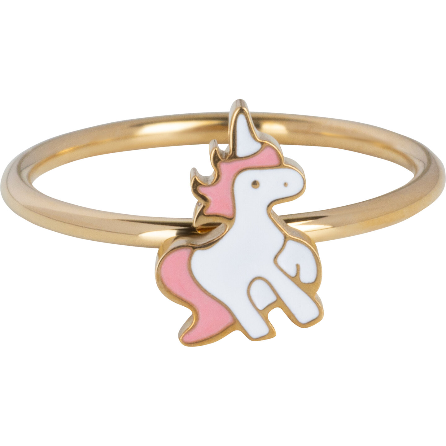 KIDZ Kinderring Goudkleurig Staal met Roze en Witte Unicorn KR197 – Schattig en Stijlvol