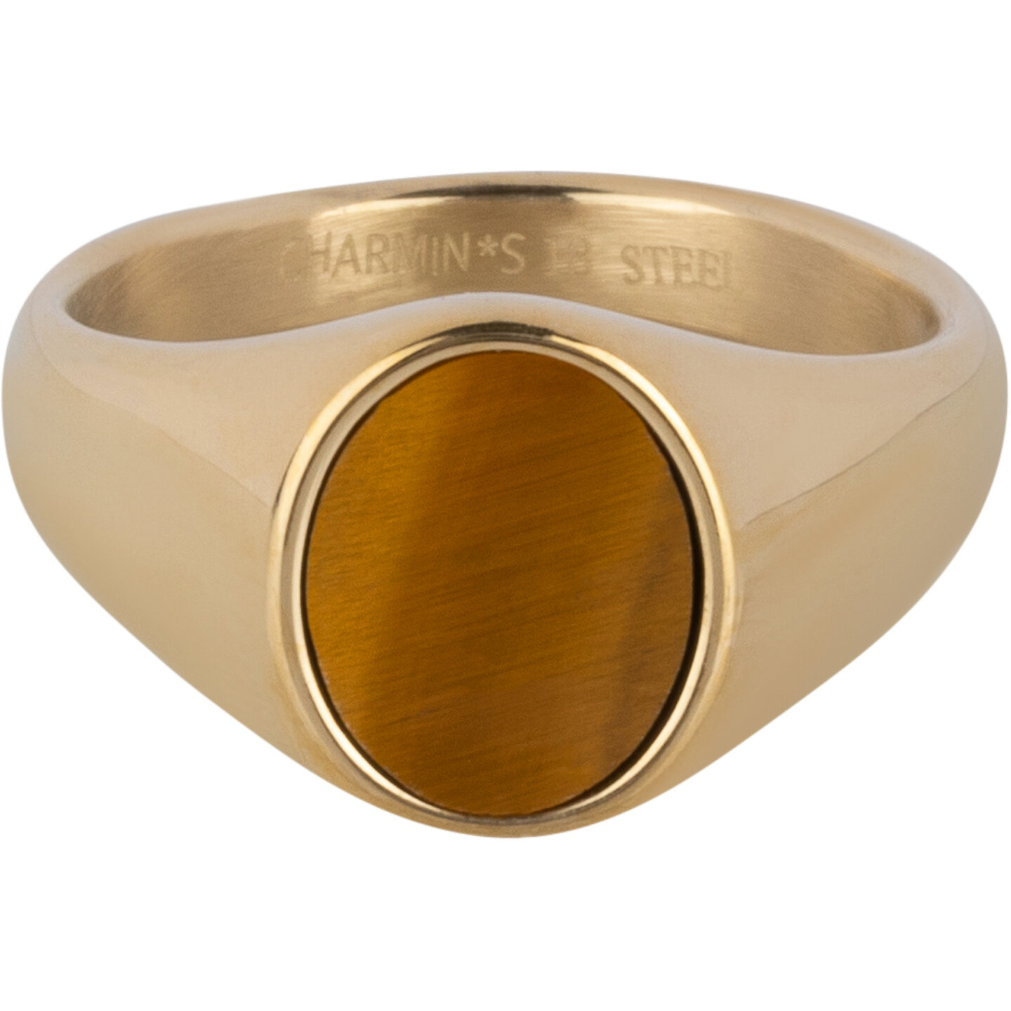 Charmin's Goudkleurige Zegelring met Platte Ovale Tijgeroog Edelsteen Staal R1478