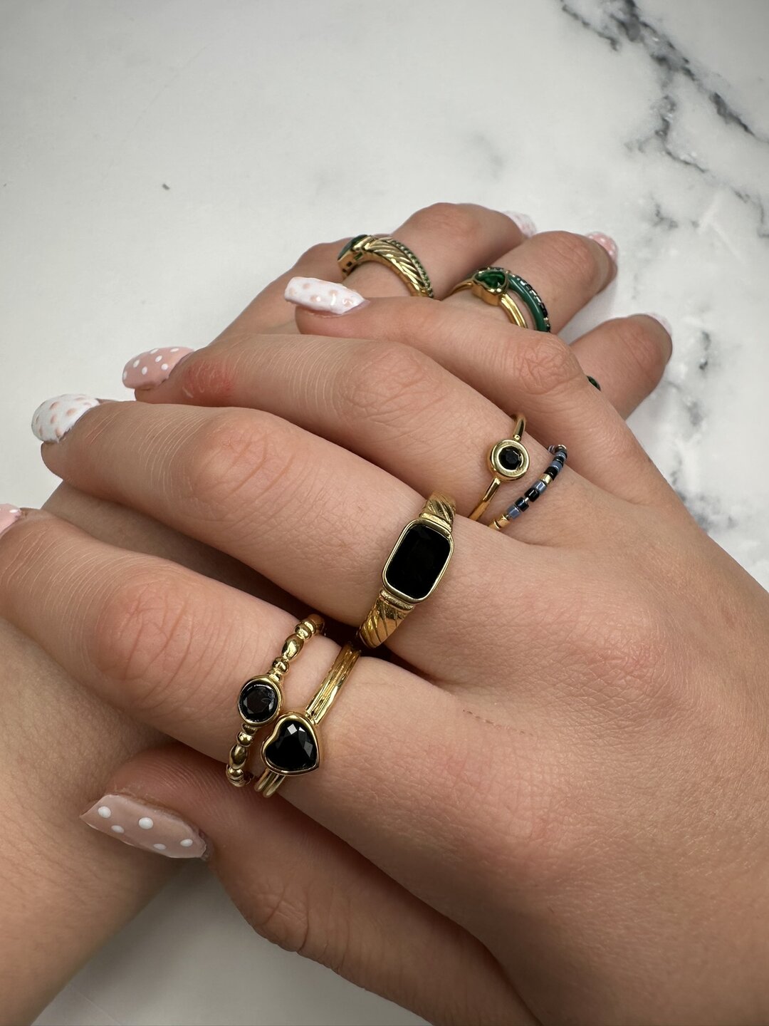 Charmin's Gold-Colored Double Ring with Black Heart R1514&ndash; Tough Love