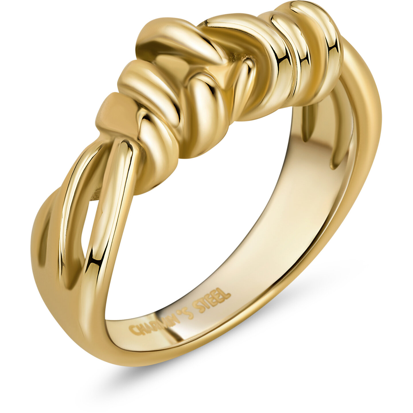 Charmin's Goudkleurige Chunky Ring met Drie Lijnen Wikkelen Zich Speels om de Ring R1844. 