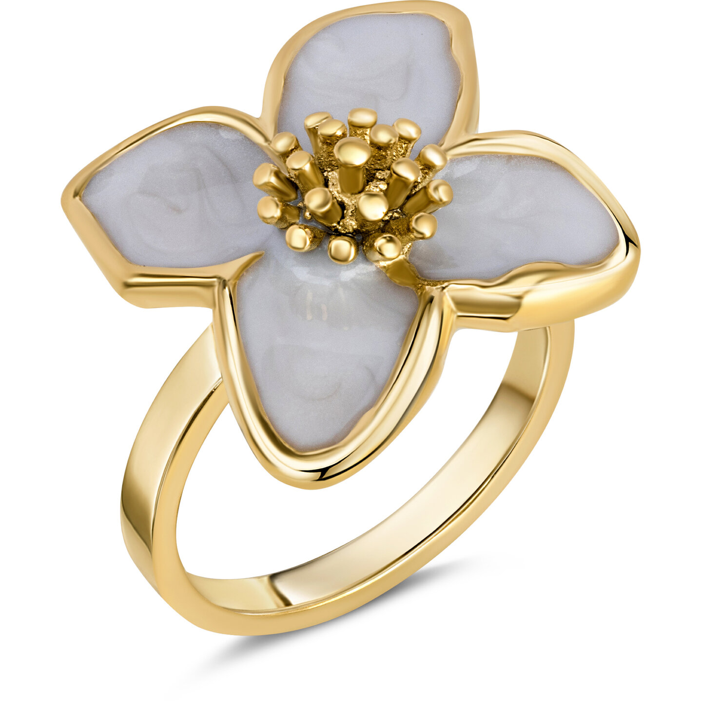 Charmins goldfarbener, klobiger Ring mit Perlmuttblume R1836 &ndash; schick und leicht