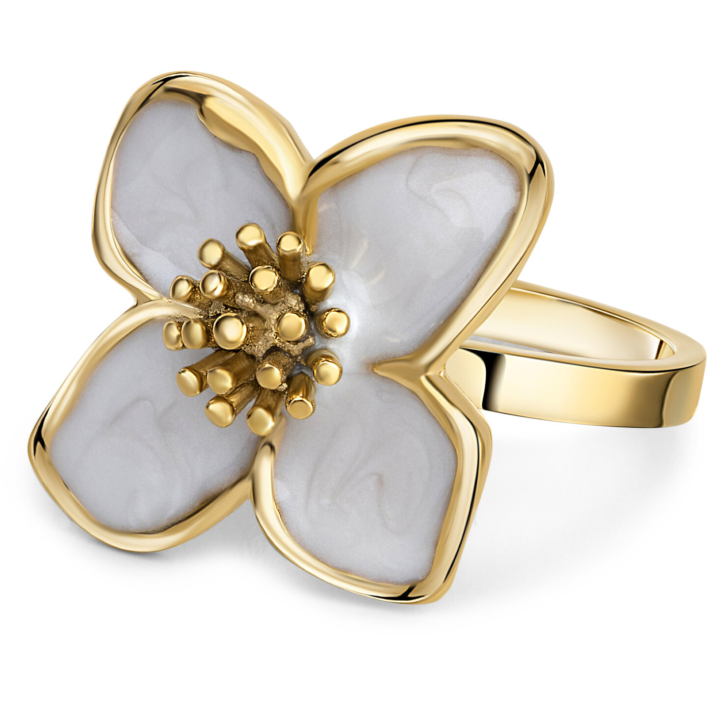 Charmins goldfarbener, klobiger Ring mit Perlmuttblume R1836 &ndash; schick und leicht