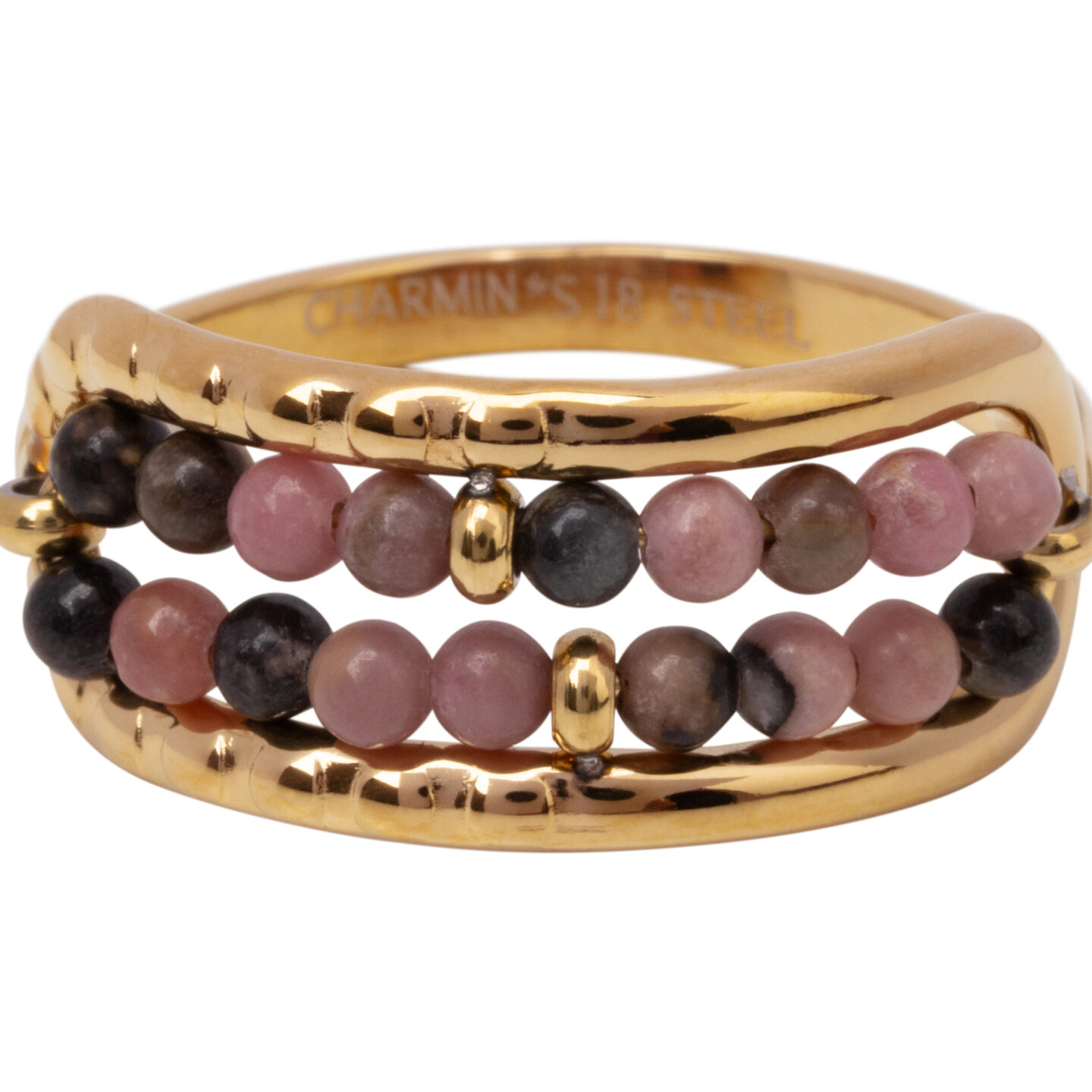 Bague anti-anxi&eacute;t&eacute; Charmin, deux rang&eacute;es de pierres naturelles, perles de rhodonite couleur or, R1670