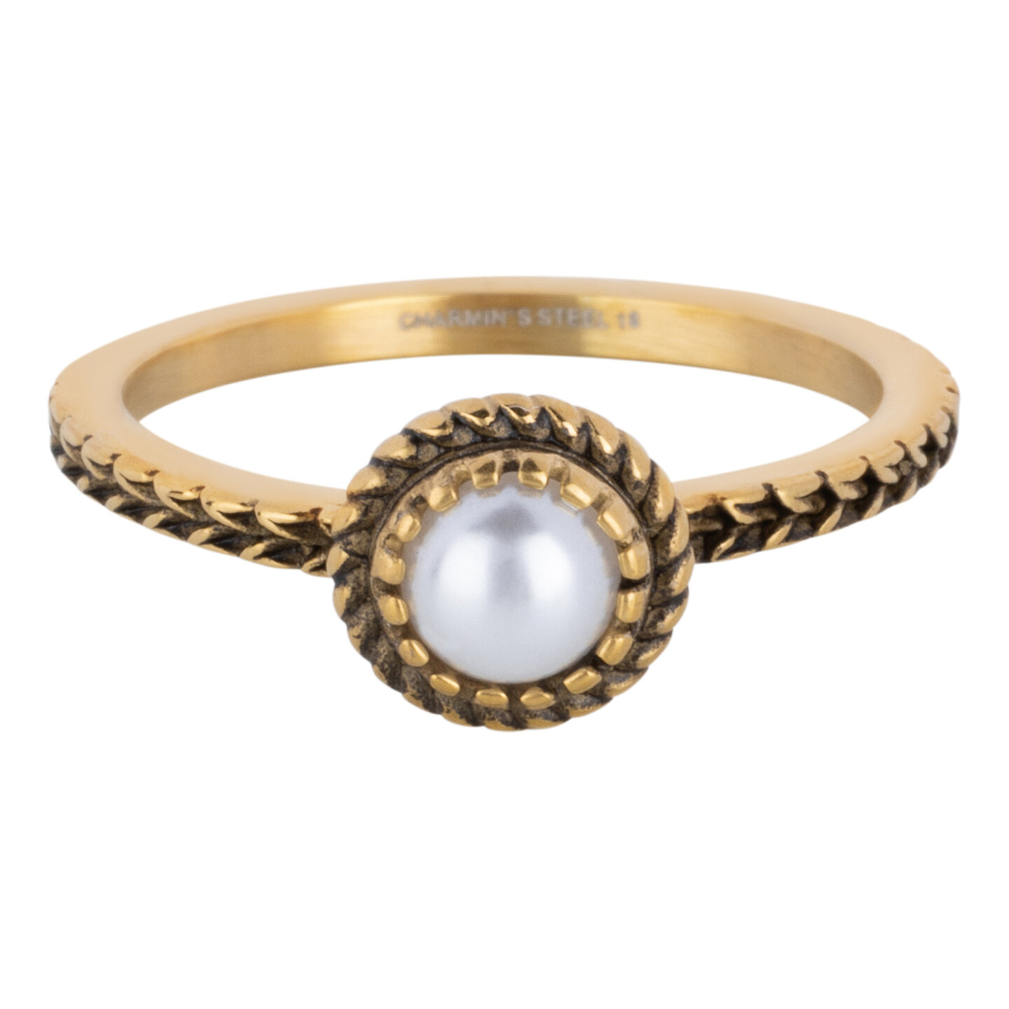 Charmin's Goudkleurige Ring Birthstone Juni Maansteen Parel Staal Iconic Vintage R1526
