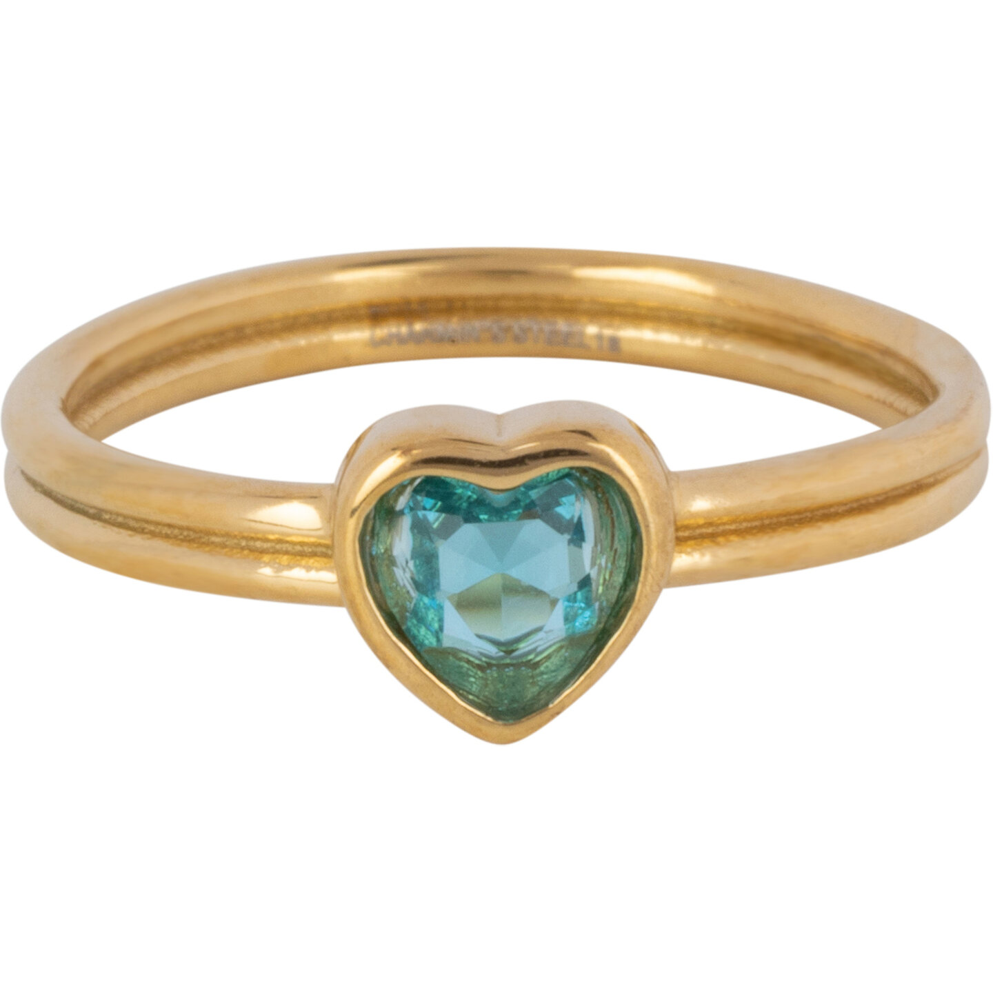 Charmins goldfarbener Doppelring mit kristallblauem Herz R1520 &ndash; Starke Liebe