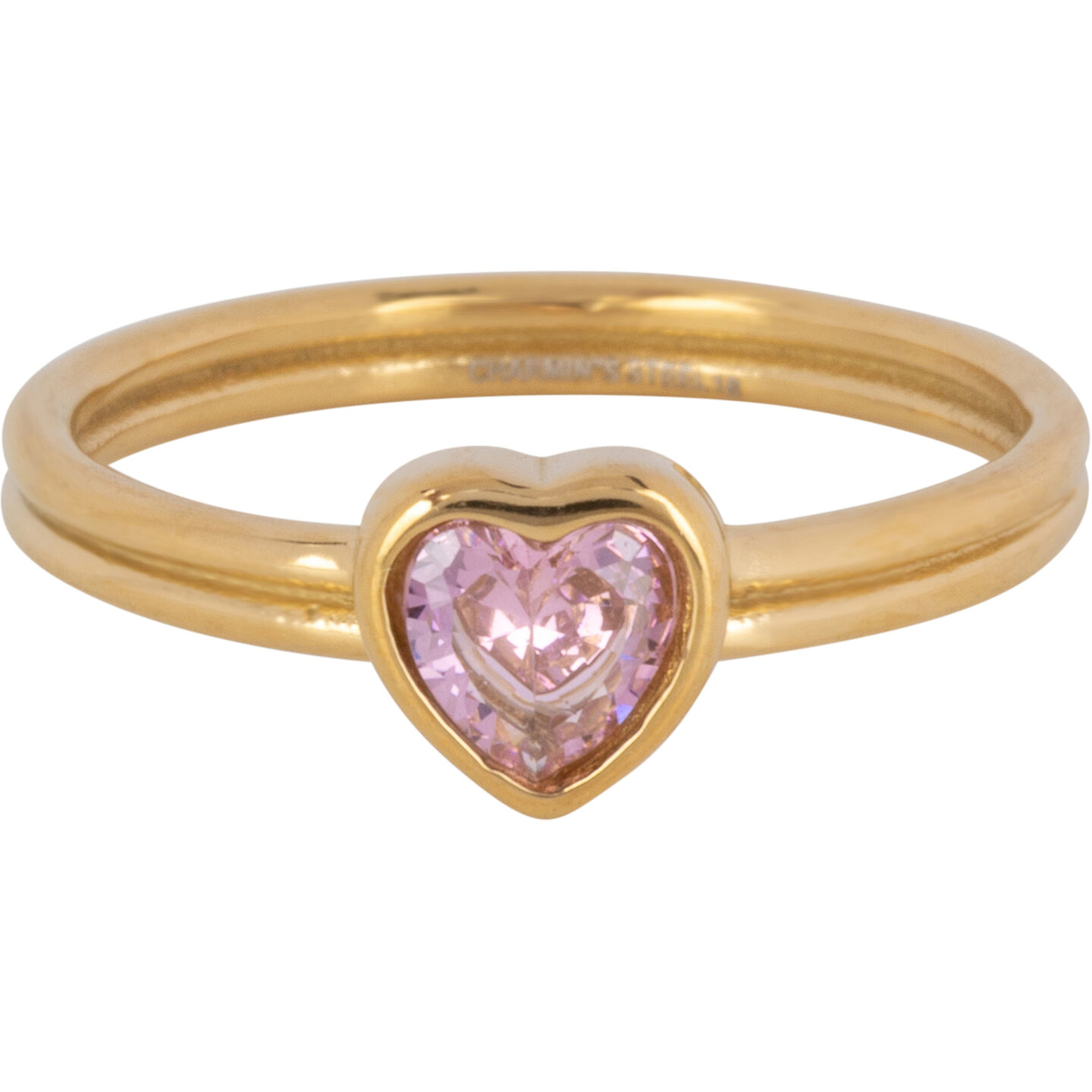 Charmins goldfarbener Doppelring mit rosafarbenem Kristallherz R1516 &ndash; Starke Liebe