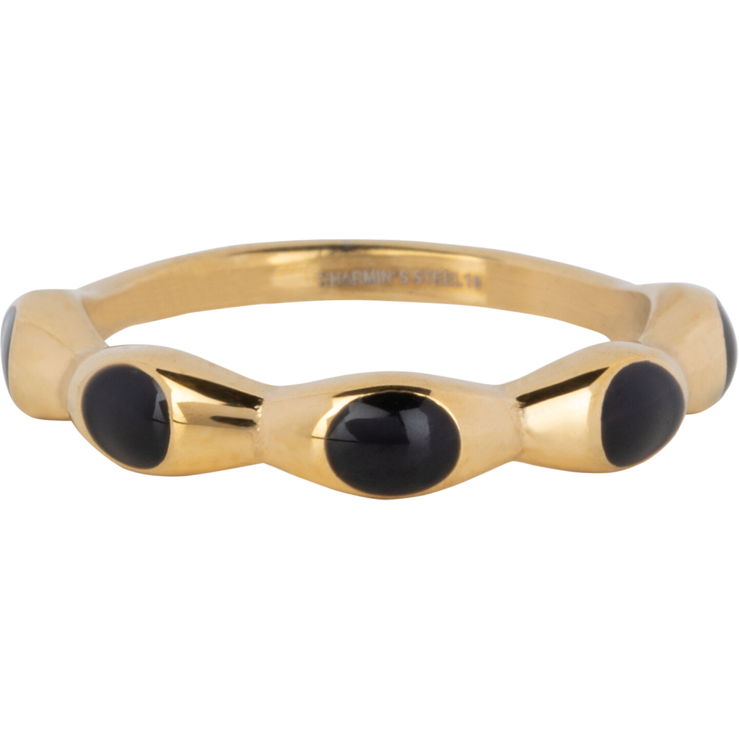 Charmin's Gold Colored Ring with Black Round Enamel Spheres Steel R1494