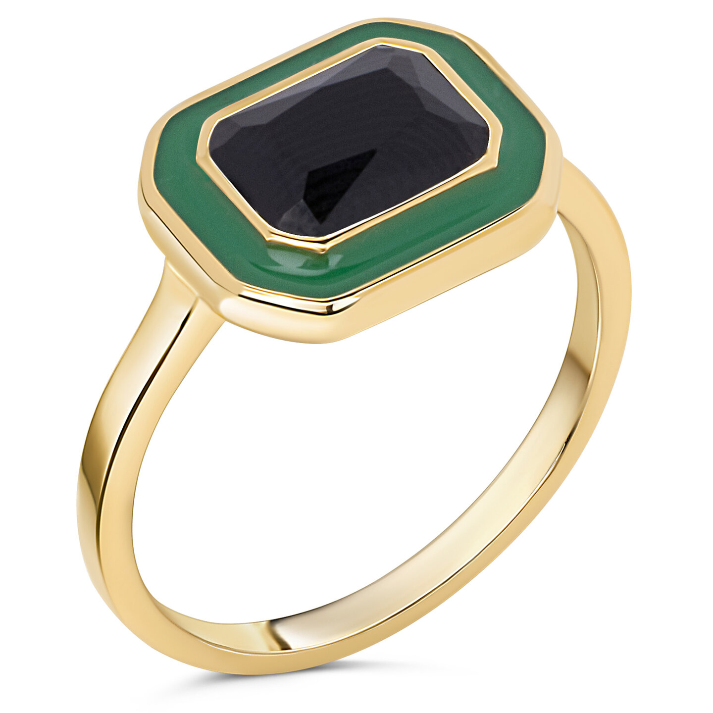 Charmin's Goudkleurige Chunky Ring Groen Emaille en Zwarte Steen R1778 &ndash; Gedurfd en Verfijnd