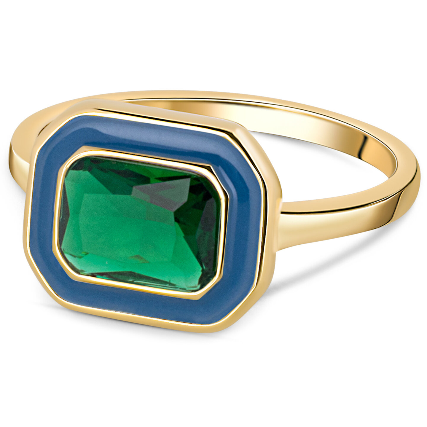 Charmin's Goudkleurige Chunky Ring Blauw Emaille en Groene Steen R1780 &ndash; Chic en Vintage