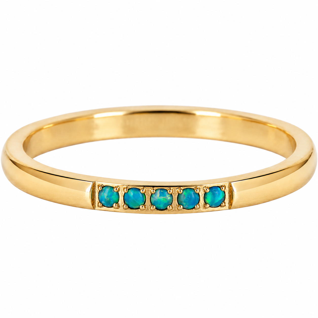 Charmin&rsquo;s Goudkleurige Memoire Ring R1126 Vijf Steentjes Blauwe Opaal Staal