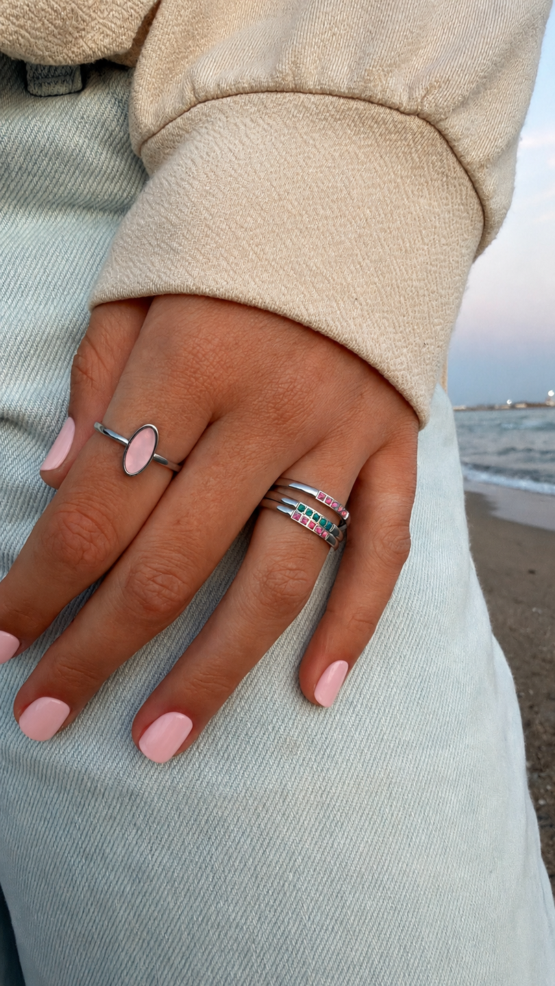 Charmin&rsquo;s Memoire Ring R1123 vijf Steentjes Roze Opaal Staal