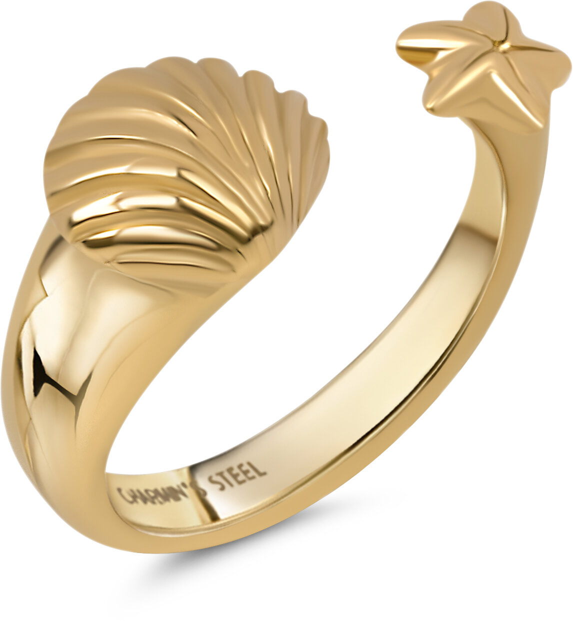 Charmin's Goudkleurige Chunky Ring met Schelp en Zeester Staal R1856 &ndash; Strak en Elegant