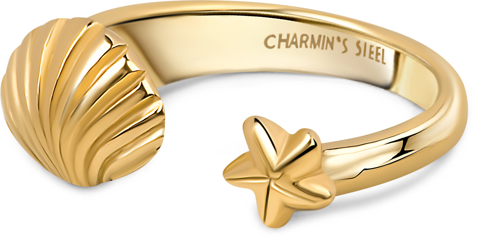 Charmin's Goudkleurige Chunky Ring met Schelp en Zeester Staal R1856 &ndash; Strak en Elegant