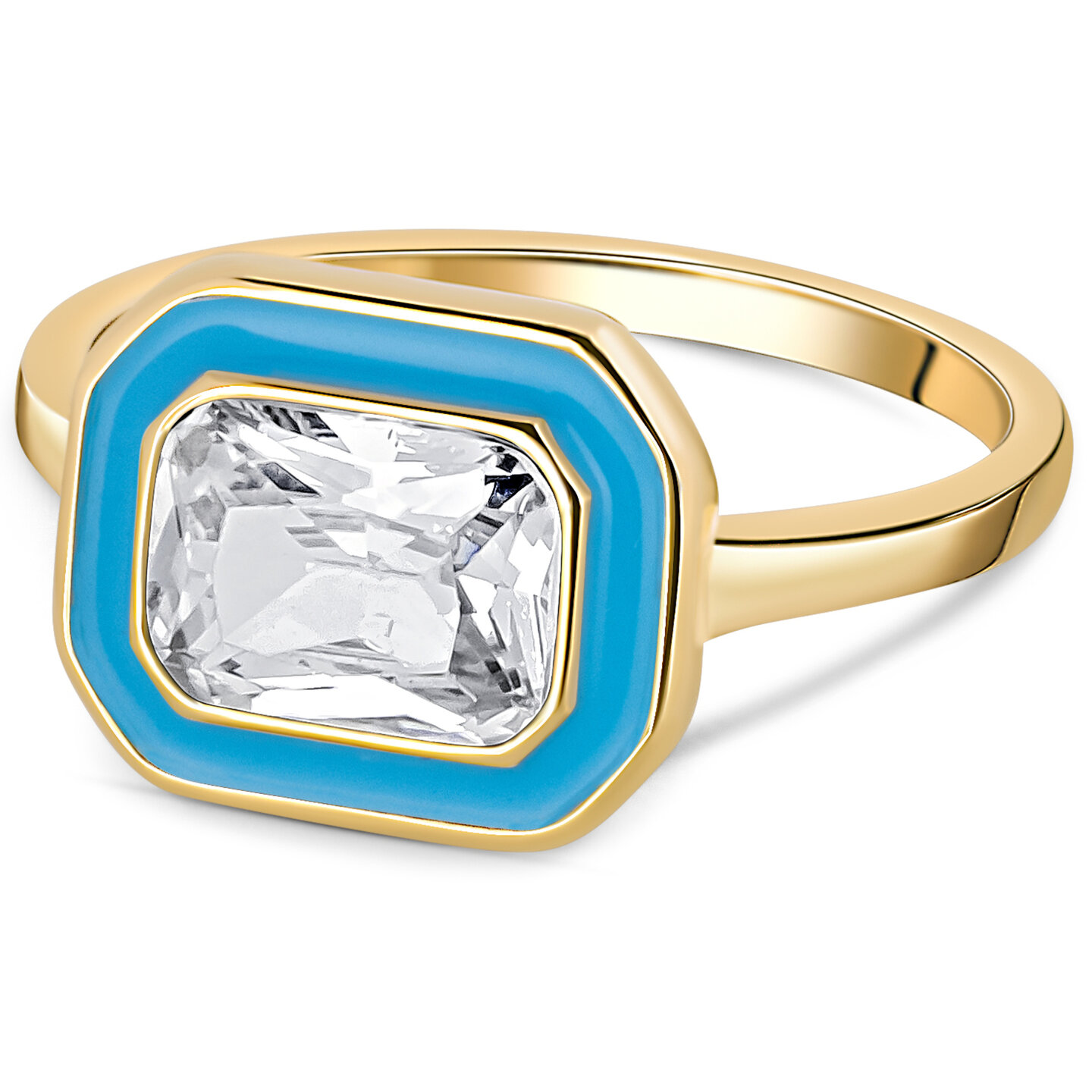 Charmin's Goudkleurige Chunky Ring Blauwe Emaille en zacht Blauwe Steen R1777 &ndash; Eyecatcher
