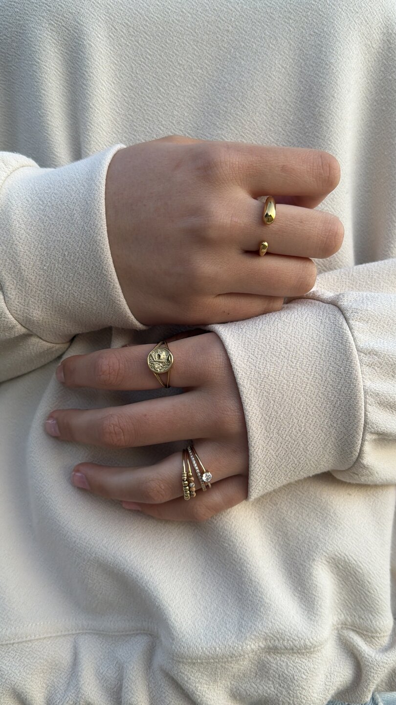 Charmin's Goudkleurige  Anxiety Ring Natural Stones Agaat en Jaspis Beads Staal R1204