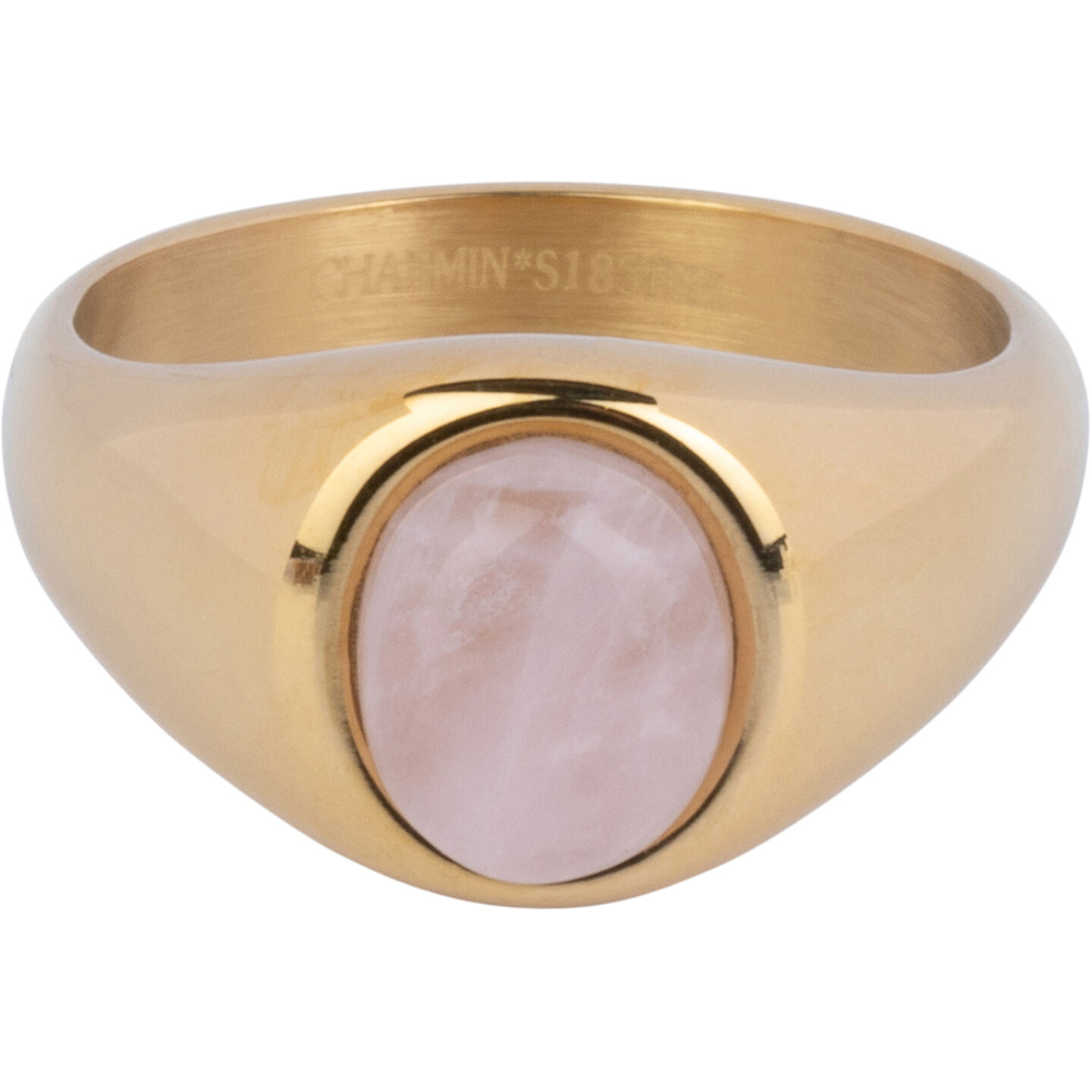 Charmin's Gold-colored Signet Ring with Oval Light-pink Rose Quartz Gemstone Steel R1269