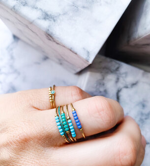 R0984 Anxiety Ring Palm Blue Beads Goldplated 