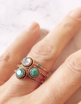 Charmin&#039;s Goudkleurige Ring Birthstone Maart LichtBlauwe Kristal Staal Iconic Vintage R1094