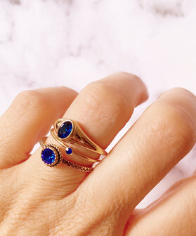 Charmin&#039;s Goudkleurige Ring Birthstone September Donkerblauwe Kristal Staal Iconic Vintage R1098