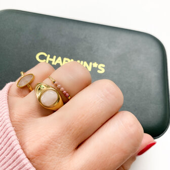 Charmin&#039;s Goudkleurige Ovale Zegelring met Amethist Edelsteen Staal R1219