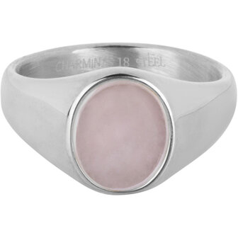 Charmin&#039;s Signet Ring with Flat Oval Light-pink Rose Quartz Gemstone Steel R1481
