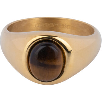 Charmin&#039;s Goudkleurige Zegelring met Bolle Ovale Tijgeroog Edelsteen Staal R1271