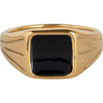 Charmin&#039;s Goudkleurige UNI Heren en Dames Zegelring Vierkante Zwarte Steen Staal R1004