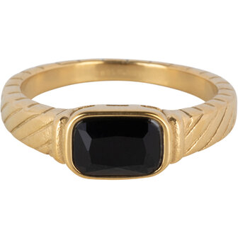 Charmin&#039;s Goudkleurige Ring met Zwarte Steen en Graveringen R1349&ndash; Vintage Look