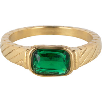Charmin&#039;s Goudkleurige Ring met Groene Steen en Graveringen R1347&ndash; Vintage Eco