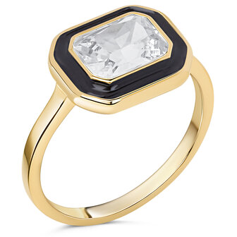 Charmin's Goudkleurige Chunky Ring Zwart Emaille en Witte Steen R1779 &ndash; Paris Chic