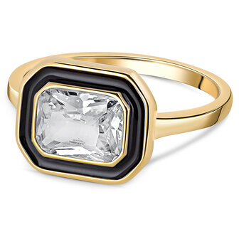 Charmin's Goudkleurige Chunky Ring Zwart Emaille en Witte Steen R1779 &ndash; Paris Chic