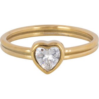 Charmin's Goudkleurige Dubbele Ring met kristal Hartje R1512&ndash; Stoere Liefde
