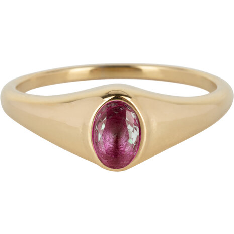 Charmin’s R1087 Birthstone zegelring July Fuchsia Ruby Oval Stone Goldplated