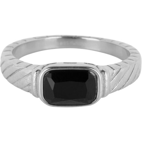 Charmin's Stalen Ring met Zwarte Steen en Graveringen R1348– Klassieke Vintage