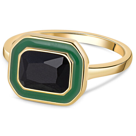 Charmin's Goudkleurige Chunky Ring Groen Emaille en Zwarte Steen R1778 – Gedurfd en Verfijnd